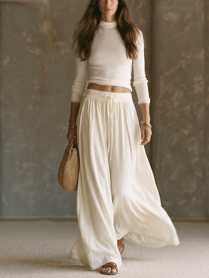 Women's Casual Beige 2-Piece Set Long-sleeved Knit Top And Cotton-linen Trousers