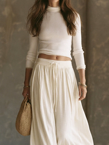Women's Casual Beige 2-Piece Set Long-sleeved Knit Top And Cotton-linen Trousers