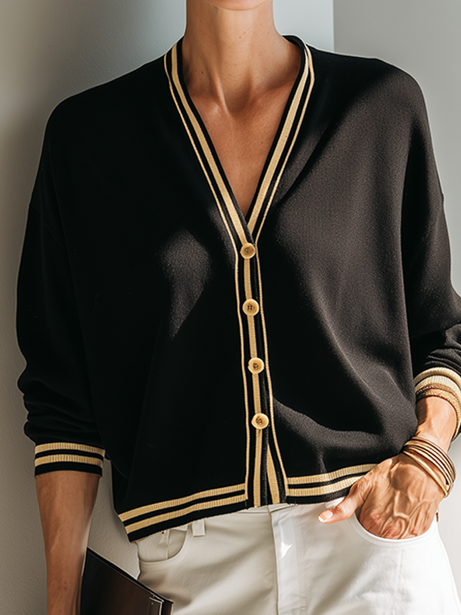 Women's Color-Contrast Striped V-Neck Cropped Knit Cardigan