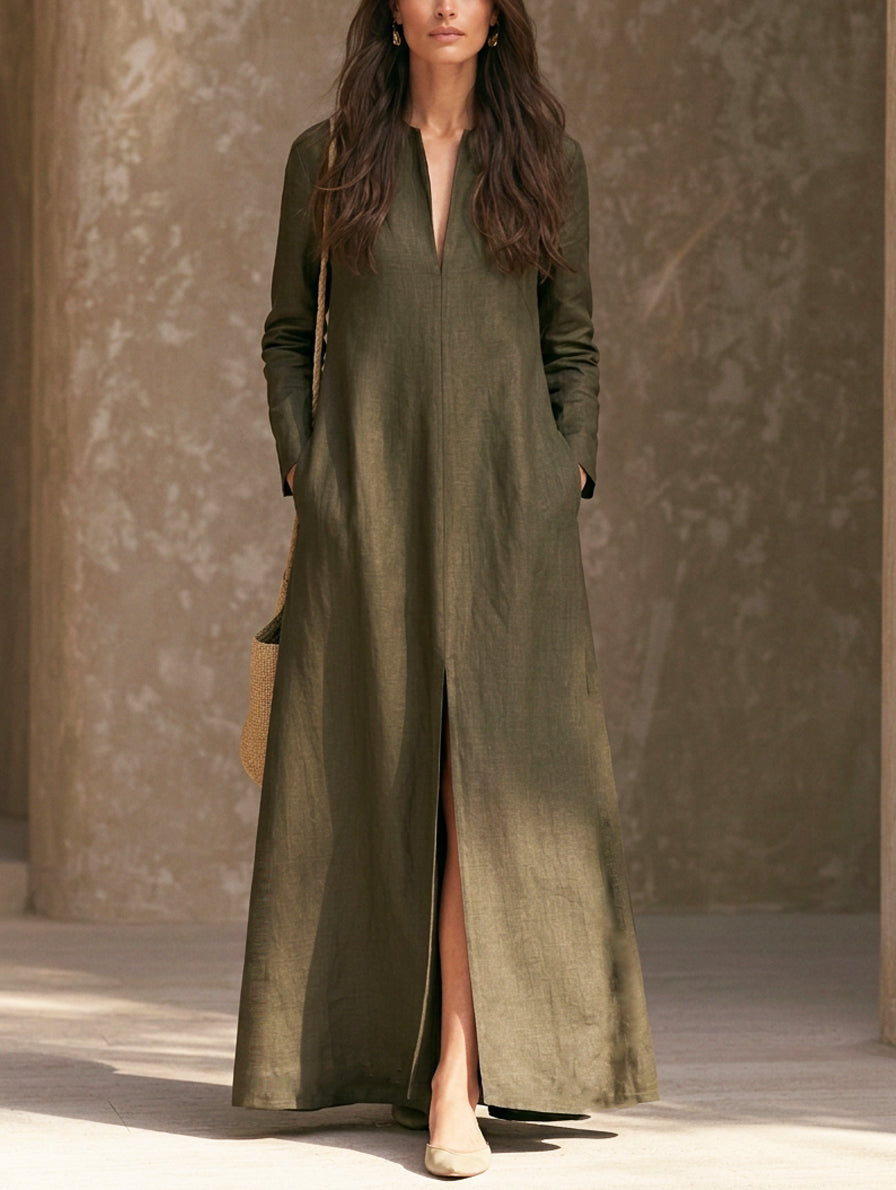 Women's Casual Dark Green Cotton-linen Long-sleeved Maxi Dress