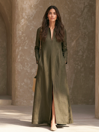 Women's Casual Dark Green Cotton-linen Long-sleeved Maxi Dress