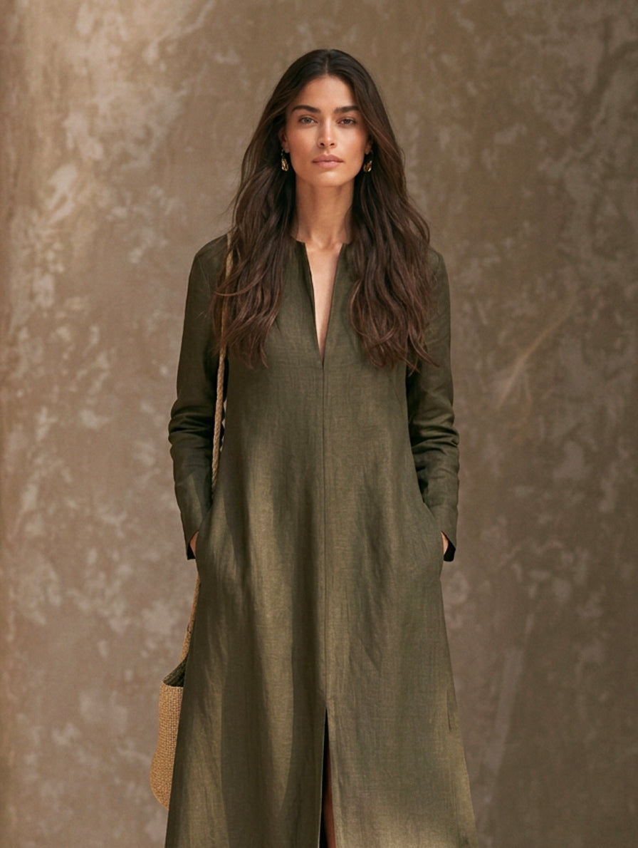 Women's Casual Dark Green Cotton-linen Long-sleeved Maxi Dress