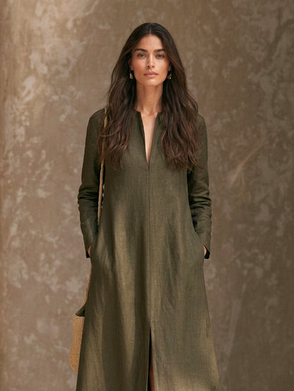 Women's Casual Dark Green Cotton-linen Long-sleeved Maxi Dress