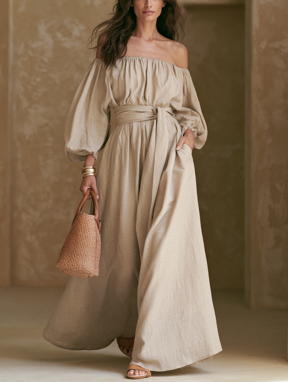 Women's Casual Khaki Cotton-Linen Off-Shoulder Long-Sleeve Jumpsuit
