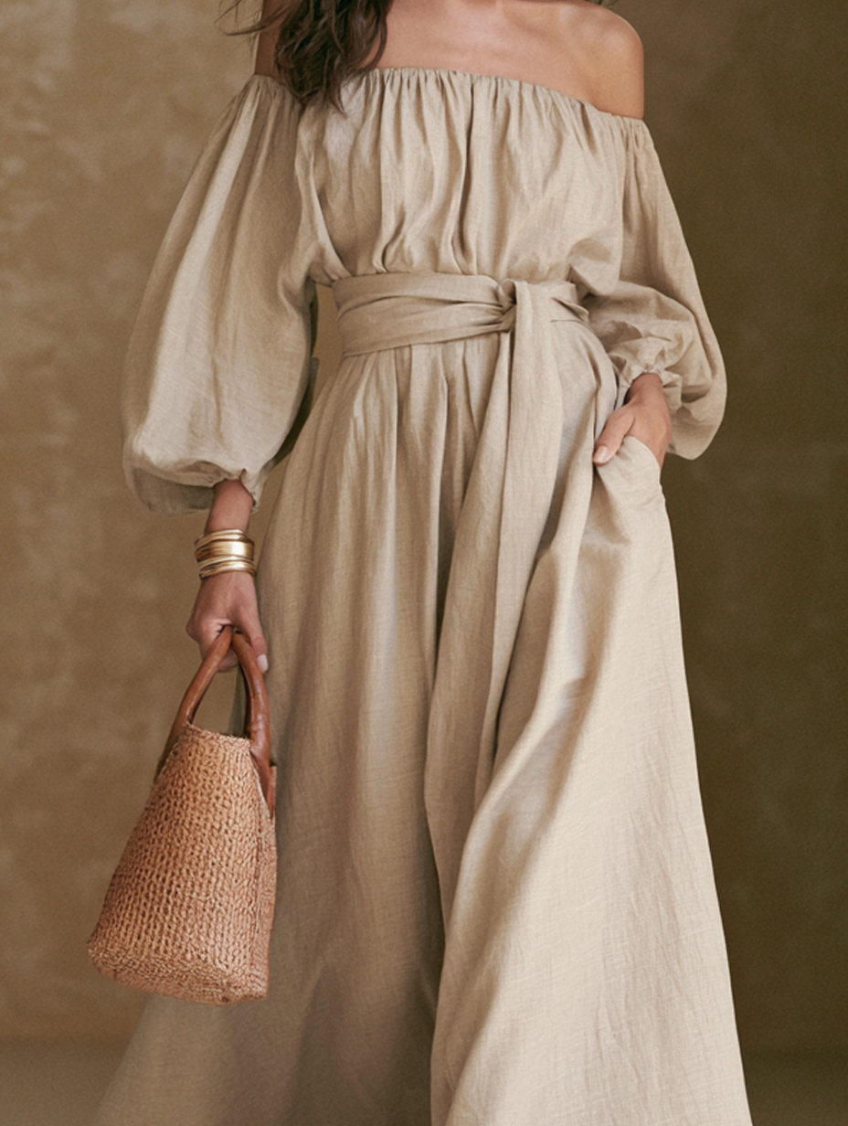 Women's Casual Khaki Cotton-Linen Off-Shoulder Long-Sleeve Jumpsuit
