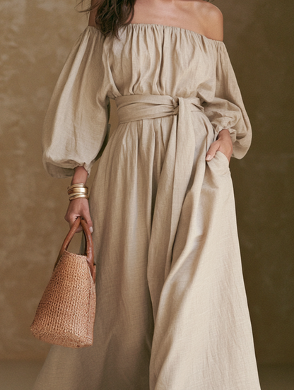 Women's Casual Khaki Cotton-Linen Off-Shoulder Long-Sleeve Jumpsuit
