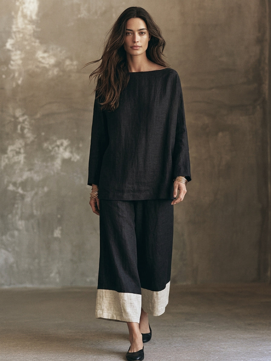 Women's Casual Black And White 2-Piece Set Cotton-linen Long-sleeve Top And Trousers