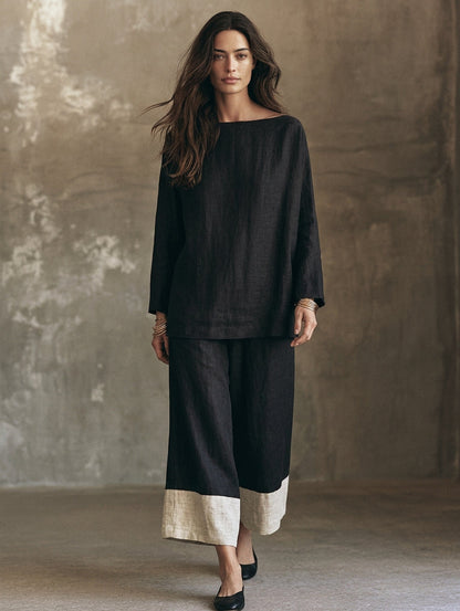 Women's Casual Black And White 2-Piece Set Cotton-linen Long-sleeve Top And Trousers