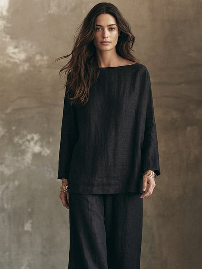 Women's Casual Black And White 2-Piece Set Cotton-linen Long-sleeve Top And Trousers