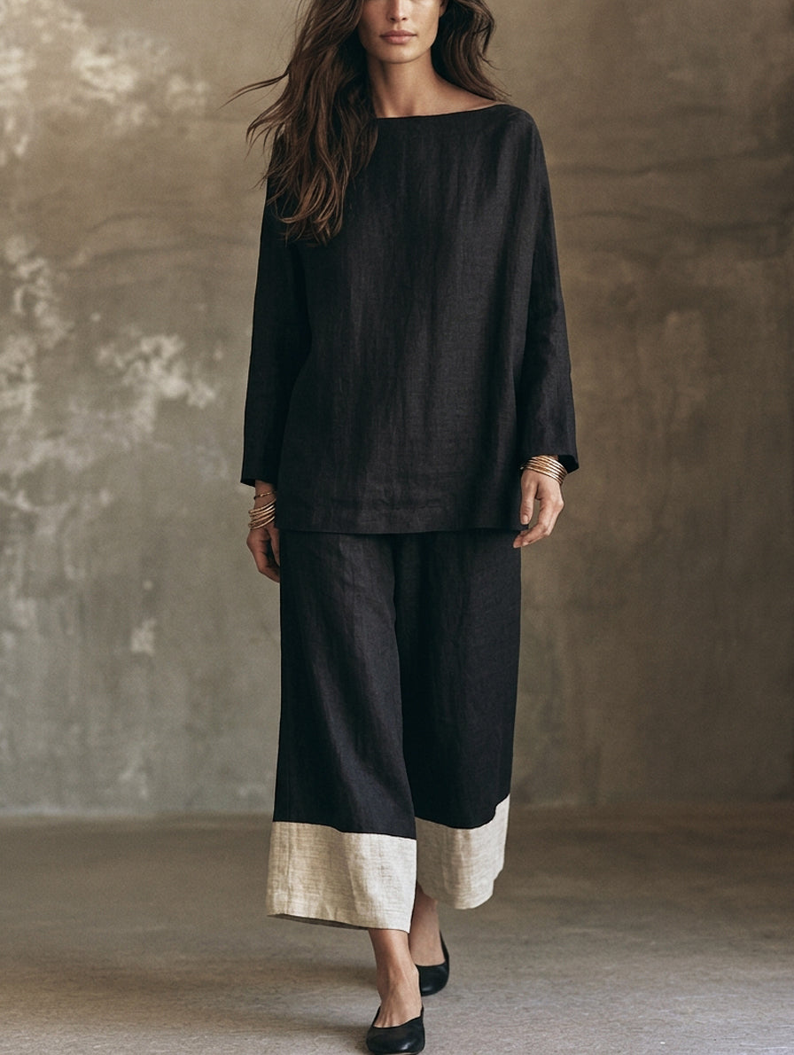 Women's Casual Black And White 2-Piece Set Cotton-linen Long-sleeve Top And Trousers