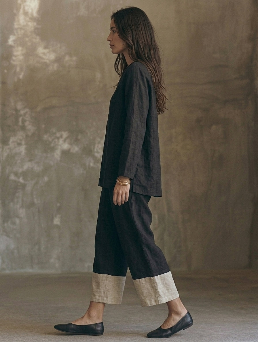 Women's Casual Black And White 2-Piece Set Cotton-linen Long-sleeve Top And Trousers
