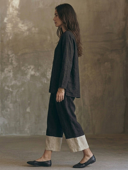Women's Casual Black And White 2-Piece Set Cotton-linen Long-sleeve Top And Trousers
