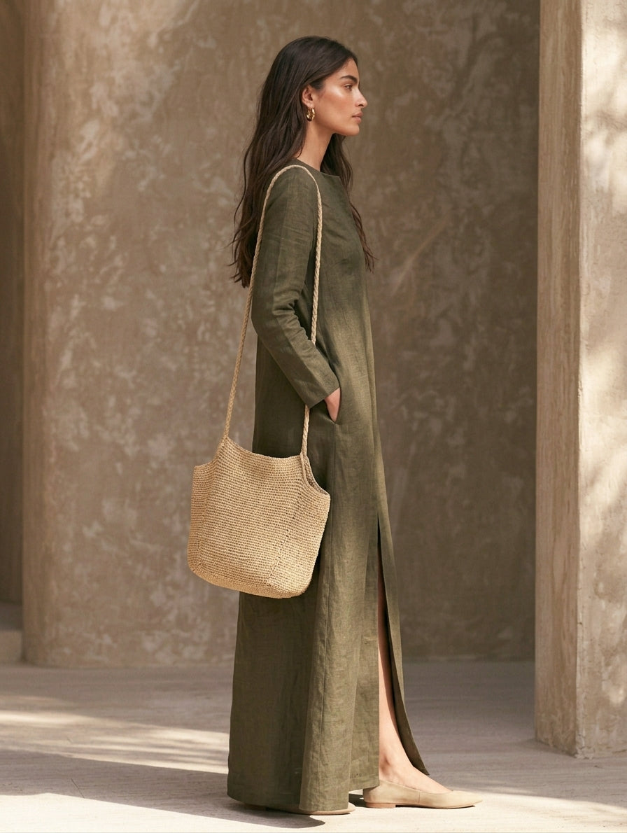Women's Casual Dark Green Cotton-linen Long-sleeved Maxi Dress