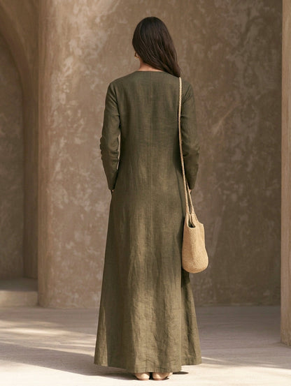 Women's Casual Dark Green Cotton-linen Long-sleeved Maxi Dress