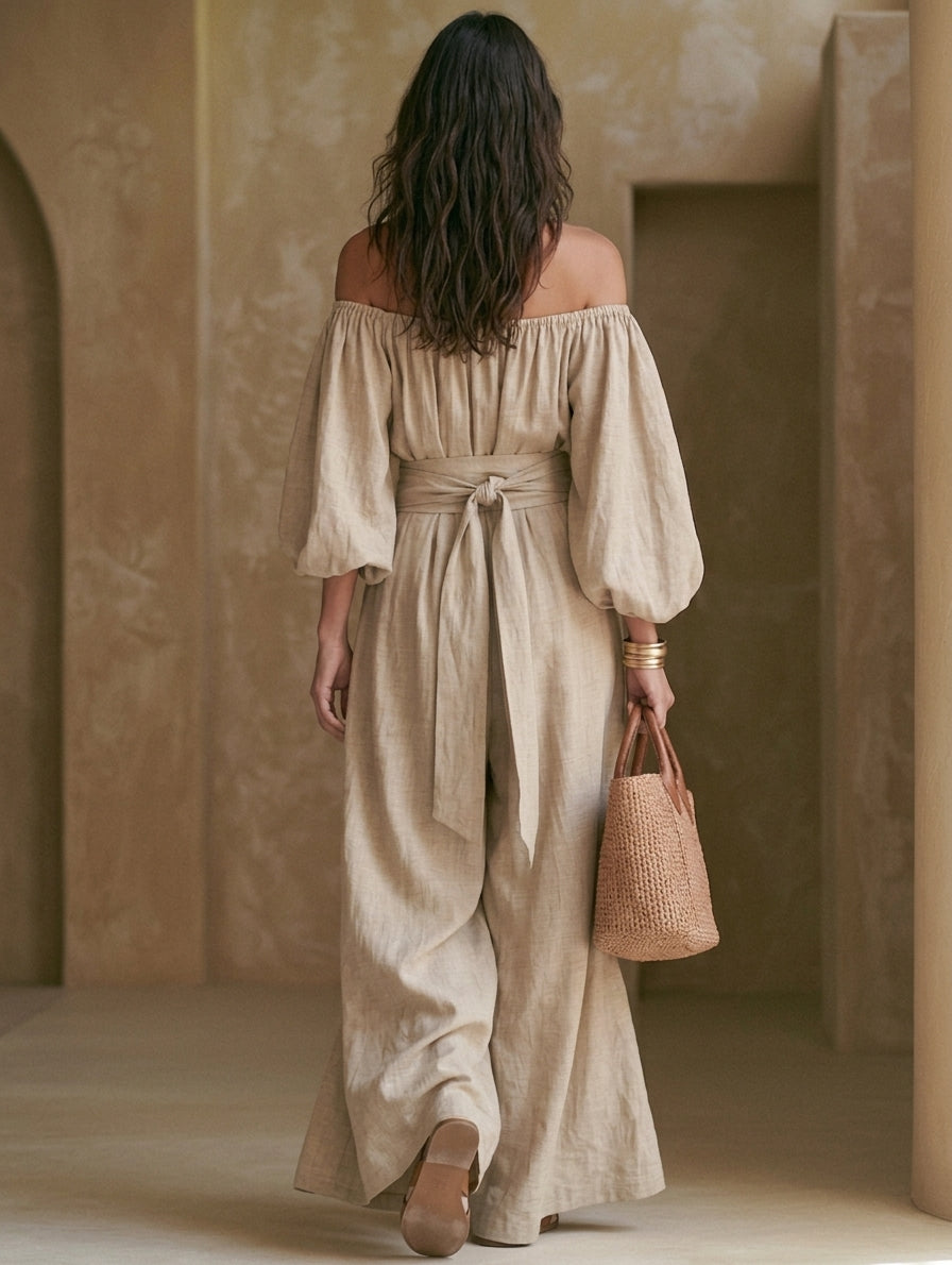 Women's Casual Khaki Cotton-Linen Off-Shoulder Long-Sleeve Jumpsuit