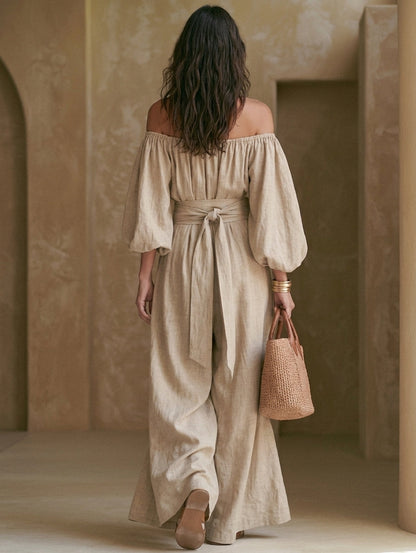 Women's Casual Khaki Cotton-Linen Off-Shoulder Long-Sleeve Jumpsuit