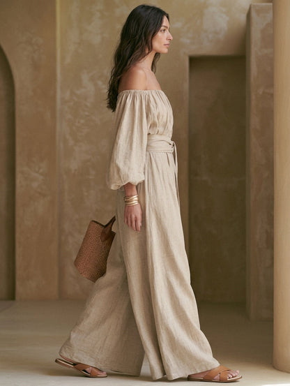 Women's Casual Khaki Cotton-Linen Off-Shoulder Long-Sleeve Jumpsuit