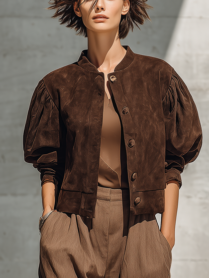Women's Stand Collar Puff Sleeve Brown Jacket