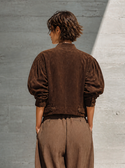 Women's Stand Collar Puff Sleeve Brown Jacket