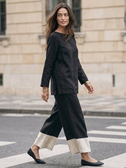 Women's Casual Black And White 2-Piece Set Cotton-linen Long-sleeve Top And Trousers