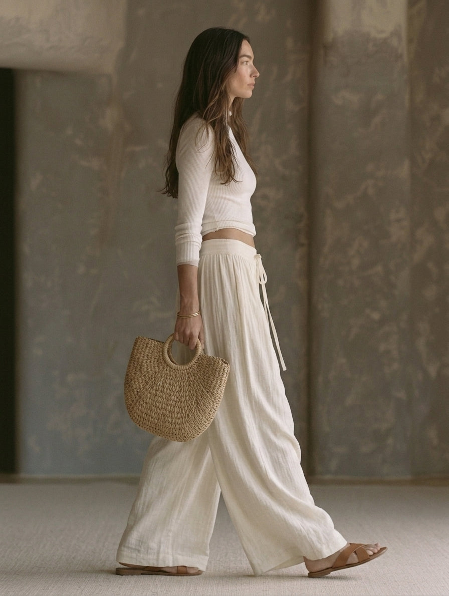 Women's Casual Beige 2-Piece Set Long-sleeved Knit Top And Cotton-linen Trousers