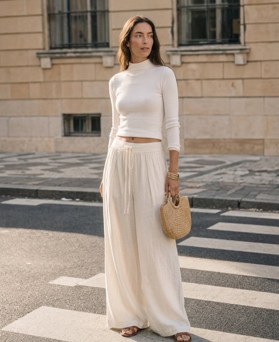 Women's Casual Beige 2-Piece Set Long-sleeved Knit Top And Cotton-linen Trousers