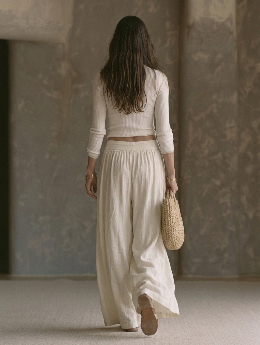 Women's Casual Beige 2-Piece Set Long-sleeved Knit Top And Cotton-linen Trousers