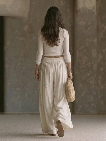 Women's Casual Beige 2-Piece Set Long-sleeved Knit Top And Cotton-linen Trousers