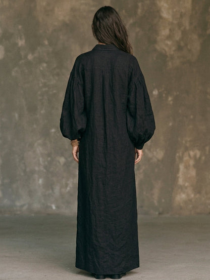 Women's Casual Black Long-sleeved Woven Maxi Dress