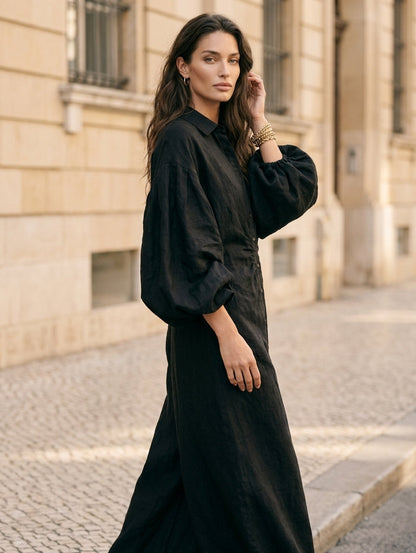 Women's Casual Black Long-sleeved Woven Maxi Dress