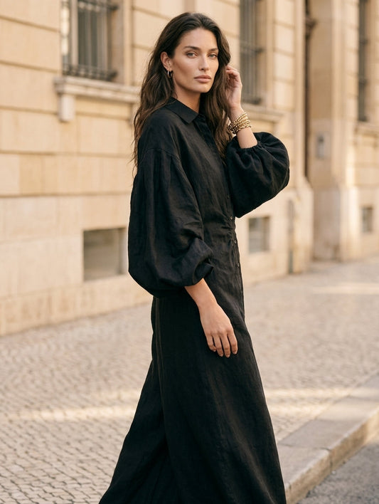 Women's Casual Black Long-sleeved Woven Maxi Dress