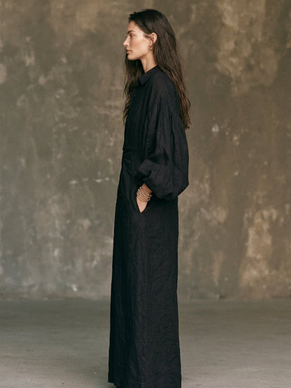 Women's Casual Black Long-sleeved Woven Maxi Dress