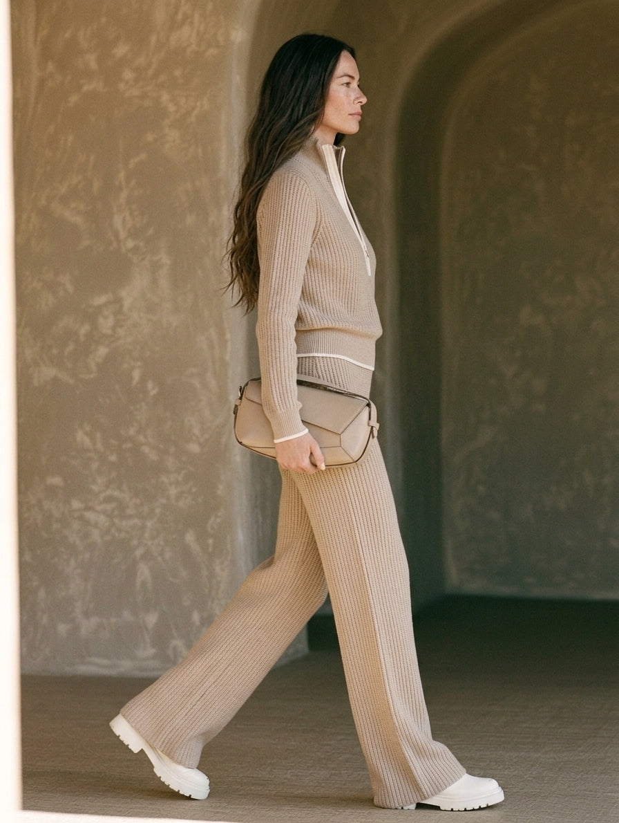 Women's Casual 2-Piece Set Khaki Long-sleeve Knit Top With A Half-zip Collar And Trousers