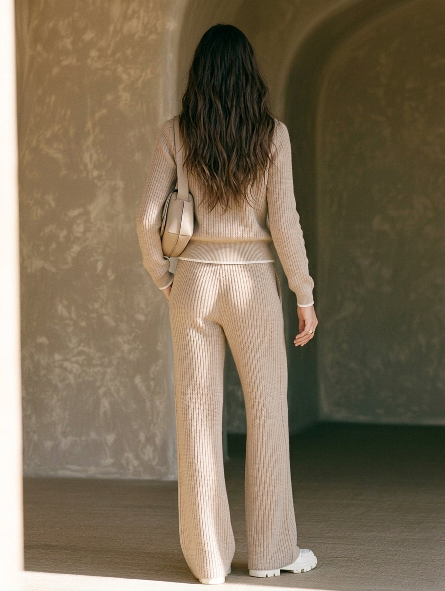 Women's Casual 2-Piece Set Khaki Long-sleeve Knit Top With A Half-zip Collar And Trousers