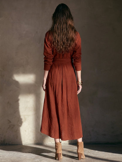 Women's Minimalist Collared Pleated Long-Sleeve Midi Dress