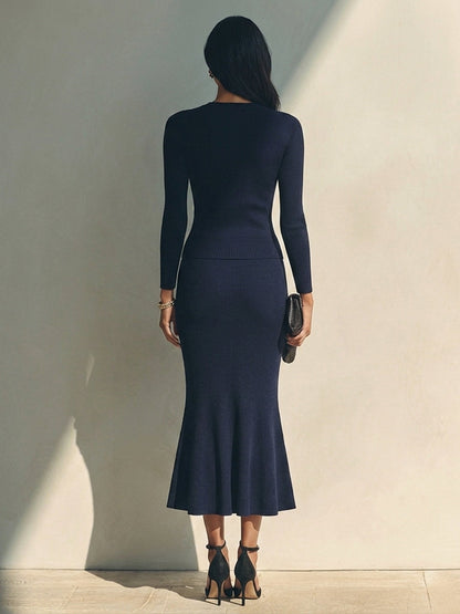 Women's Ribbed Knit Set Whith Half-Button Top & Mermaid Skirt