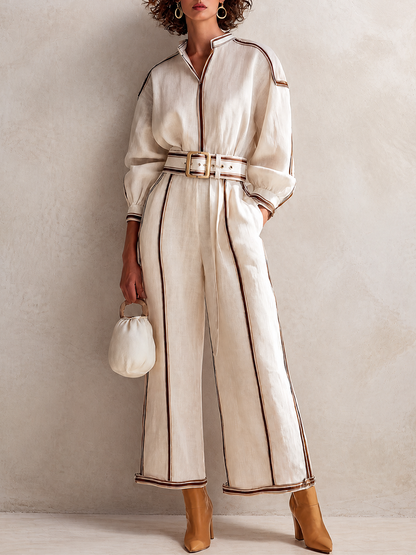 Women's Elegant Linen Contrast-Piping Stand-Collar Belted Long-Sleeve Shirt & Wide-Leg Trouser Set