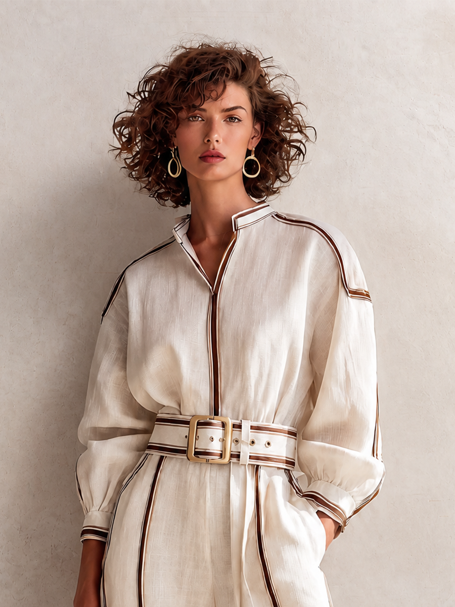 Women's Elegant Linen Contrast-Piping Stand-Collar Belted Long-Sleeve Shirt & Wide-Leg Trouser Set