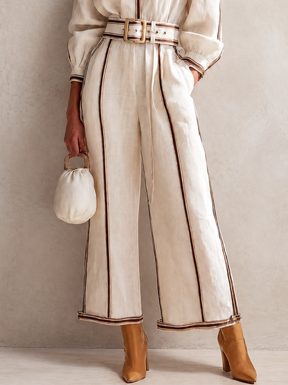 Women's Elegant Linen Contrast-Piping Stand-Collar Belted Long-Sleeve Shirt & Wide-Leg Trouser Set