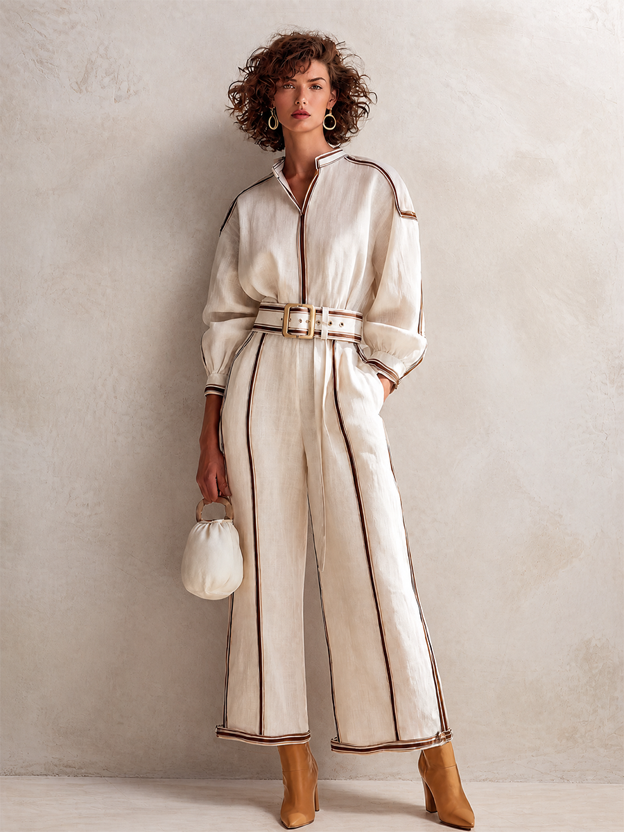 Women's Elegant Linen Contrast-Piping Stand-Collar Belted Long-Sleeve Shirt & Wide-Leg Trouser Set
