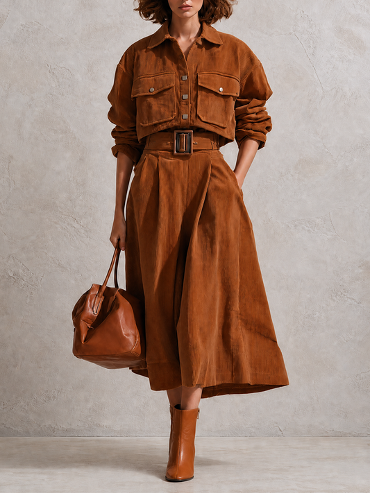 Women's Vintage Corduroy Collared Dropped-Shoulder Long-Sleeve Cropped Jacket & Belted High-Waisted A-Line Midi Skirt Set