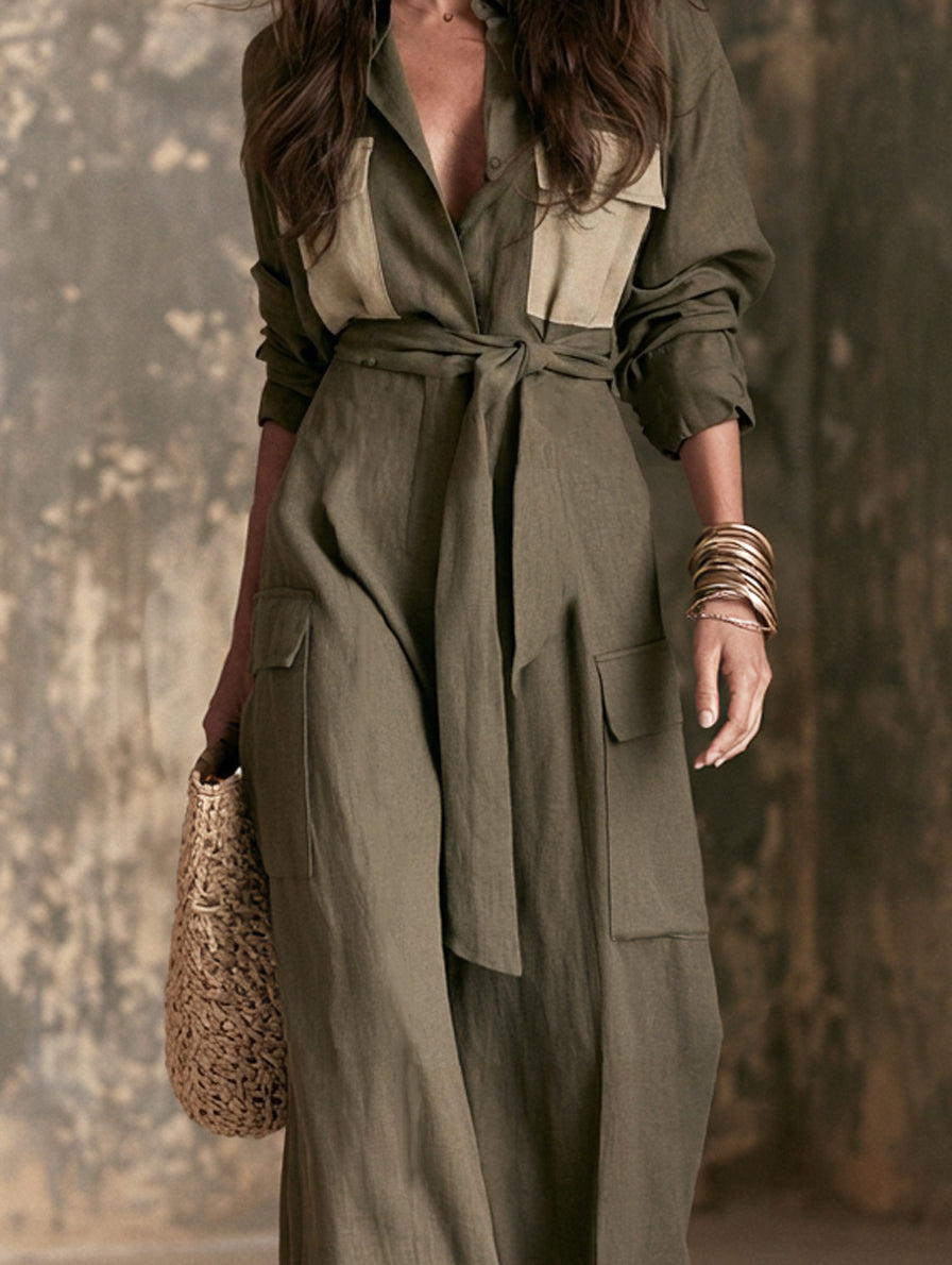 Women's Casual Dark Green Cotton-Linen Long-Sleeve Jumpsuit