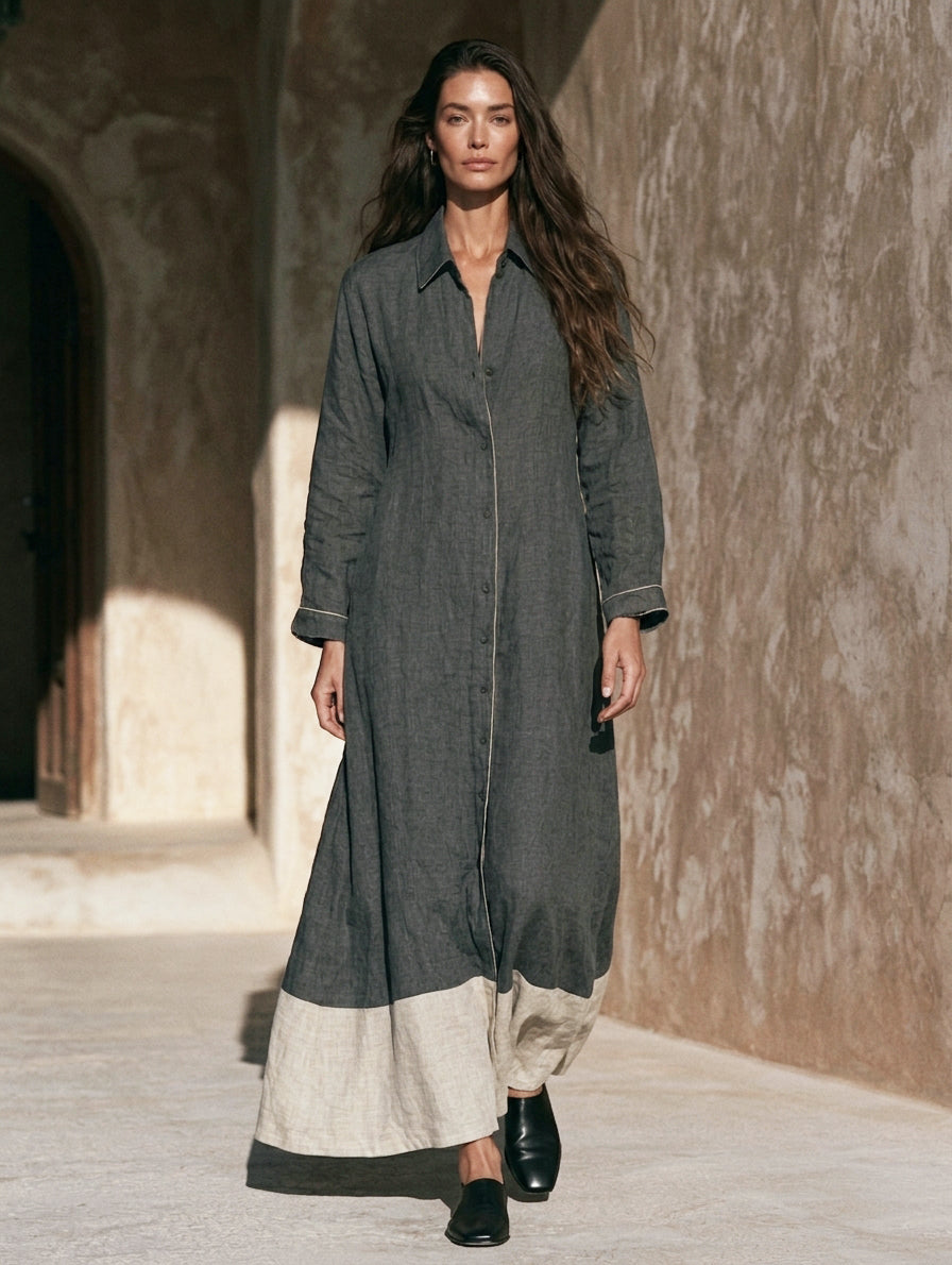 Women's Casual Grey Cotton-linen Long-sleeved Maxi Dress