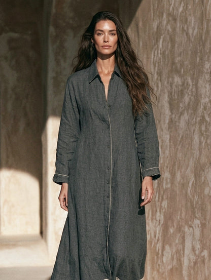 Women's Casual Grey Cotton-linen Long-sleeved Maxi Dress