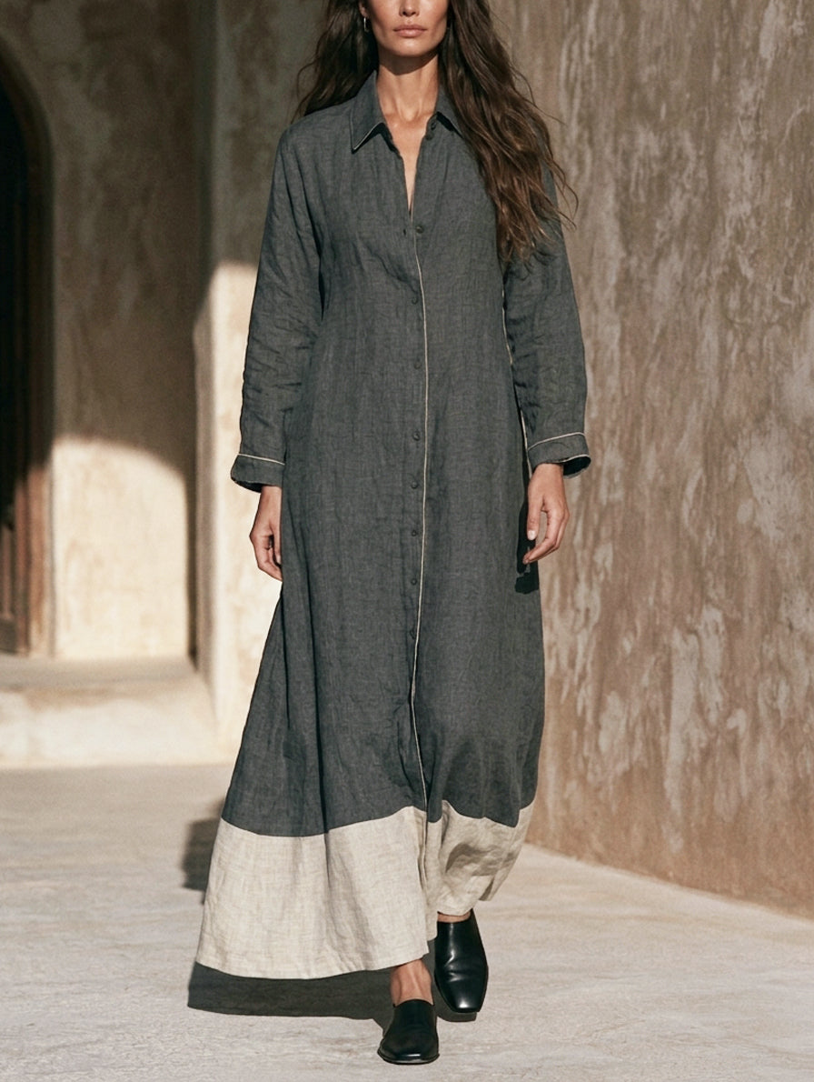 Women's Casual Grey Cotton-linen Long-sleeved Maxi Dress