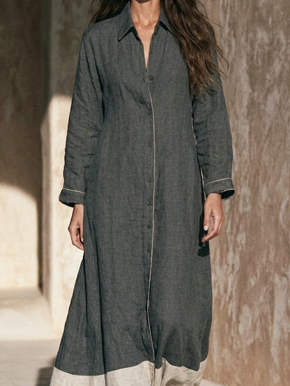 Women's Casual Grey Cotton-linen Long-sleeved Maxi Dress