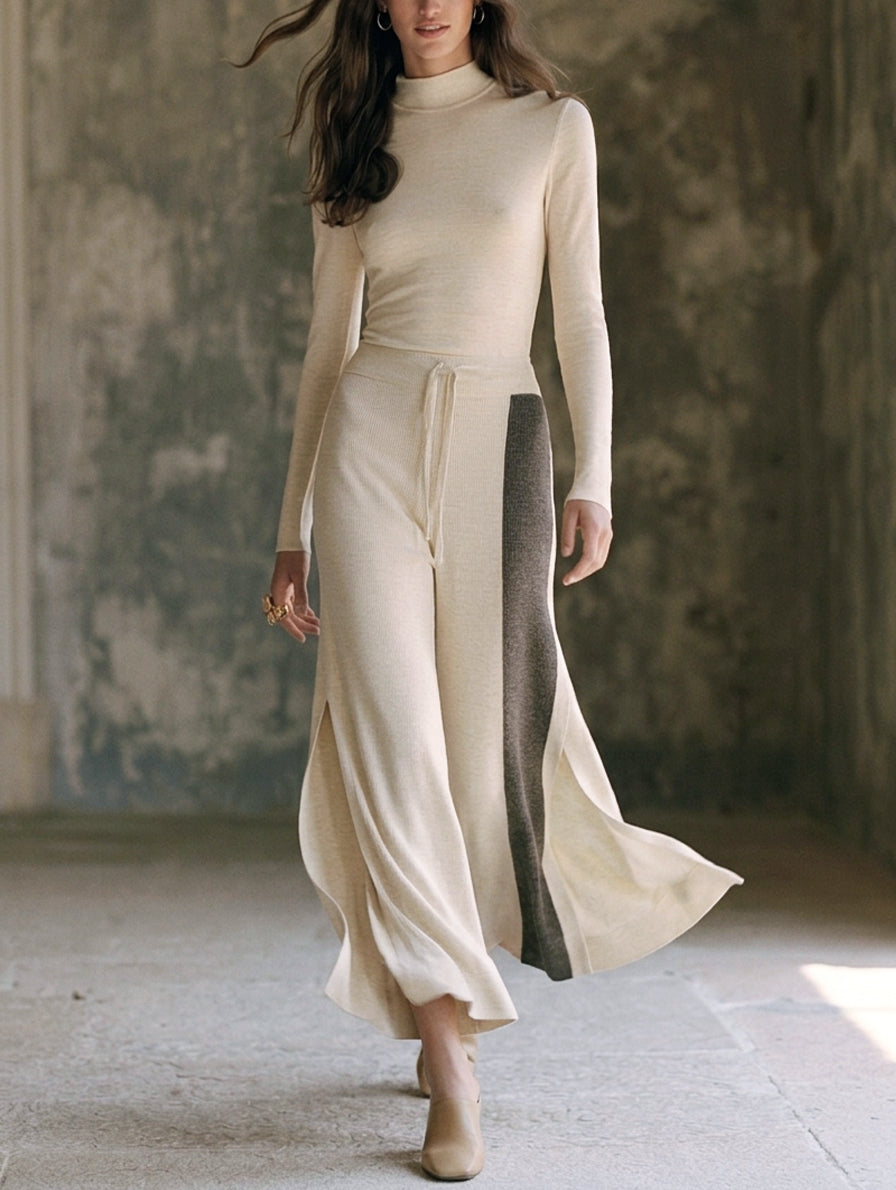 Women's Beige 2-Piece Set Long-sleeve Top And Pants In Stretchy Knit Fabric