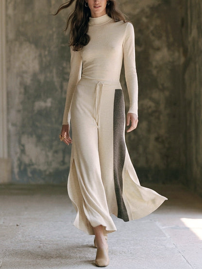 Women's Beige 2-Piece Set Long-sleeve Top And Pants In Stretchy Knit Fabric