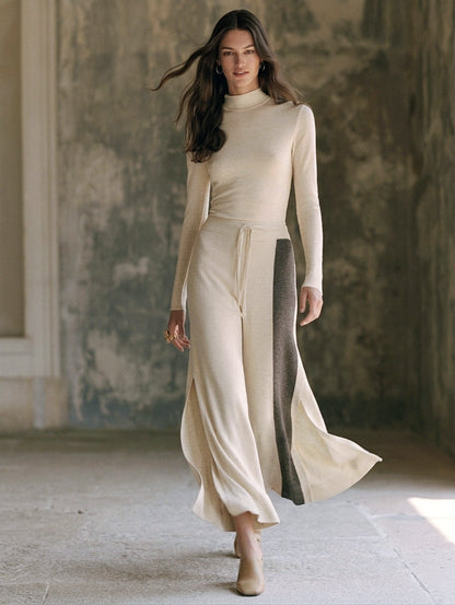 Women's Beige 2-Piece Set Long-sleeve Top And Pants In Stretchy Knit Fabric