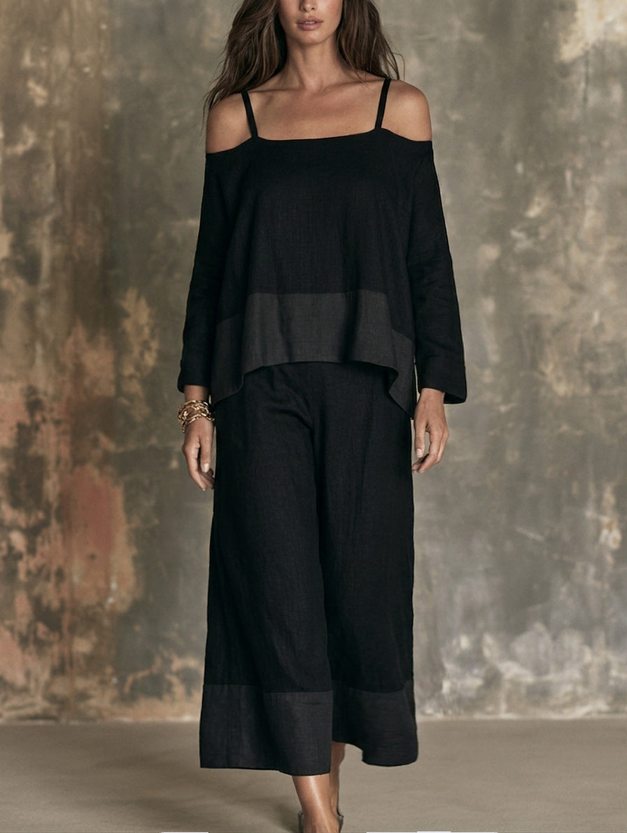 Women's Casual 2-Piece Set Black Cotton-Linen Long-Sleeve Off-Shoulder And Pants